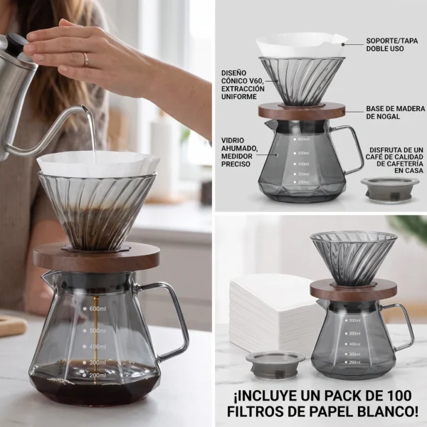Product_photographs_people_using_2K_202608031158(1) Cafetera de Vertido, Jarra de Vidrio Borosilicato de 20 oz con 100 pcs Filtros de Papel V60 por Gsform, Mango de Nogal y Tapa de Vidrio, Cafetera de Goteo para Hogar