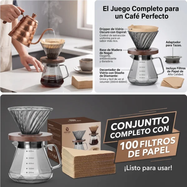 Product_photos_people_using_it_202608031159 Cafetera de Vertido, Jarra de Vidrio Borosilicato de 20 oz con 100 pcs Filtros de Papel V60 por Gsform, Mango de Nogal y Tapa de Vidrio, Cafetera de Goteo para Hogar