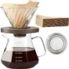 v60Transparente Cafetera de Vertido, Jarra de Vidrio Borosilicato de 20 oz con 100 pcs Filtros de Papel V60 por Gsform, Mango de Nogal y Tapa de Vidrio, Cafetera de Goteo para Hogar