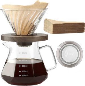 Cafetera de Vertido, Jarra de Vidrio Borosilicato de 20 oz con 100 pcs Filtros de Papel V60 por Gsform, Mango de Nogal y Tapa de Vidrio, Cafetera de Goteo para Hogar