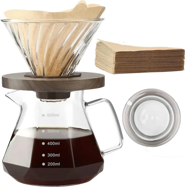 v60Transparente Cafetera de Vertido, Jarra de Vidrio Borosilicato de 20 oz con 100 pcs Filtros de Papel V60 por Gsform, Mango de Nogal y Tapa de Vidrio, Cafetera de Goteo para Hogar